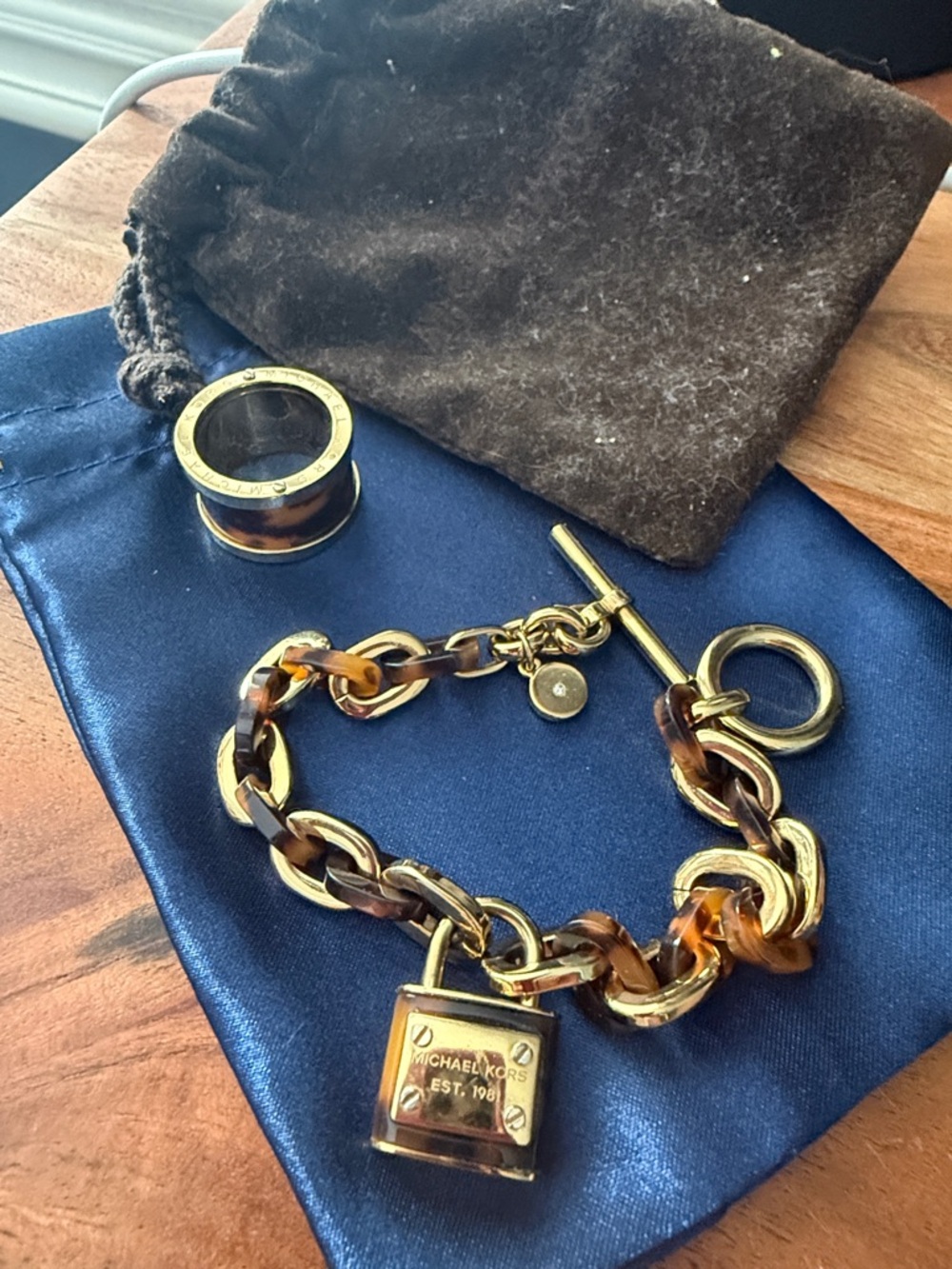 Michael Kors Gold and Tortoiseshell Link Bracelet with Padlock Charm